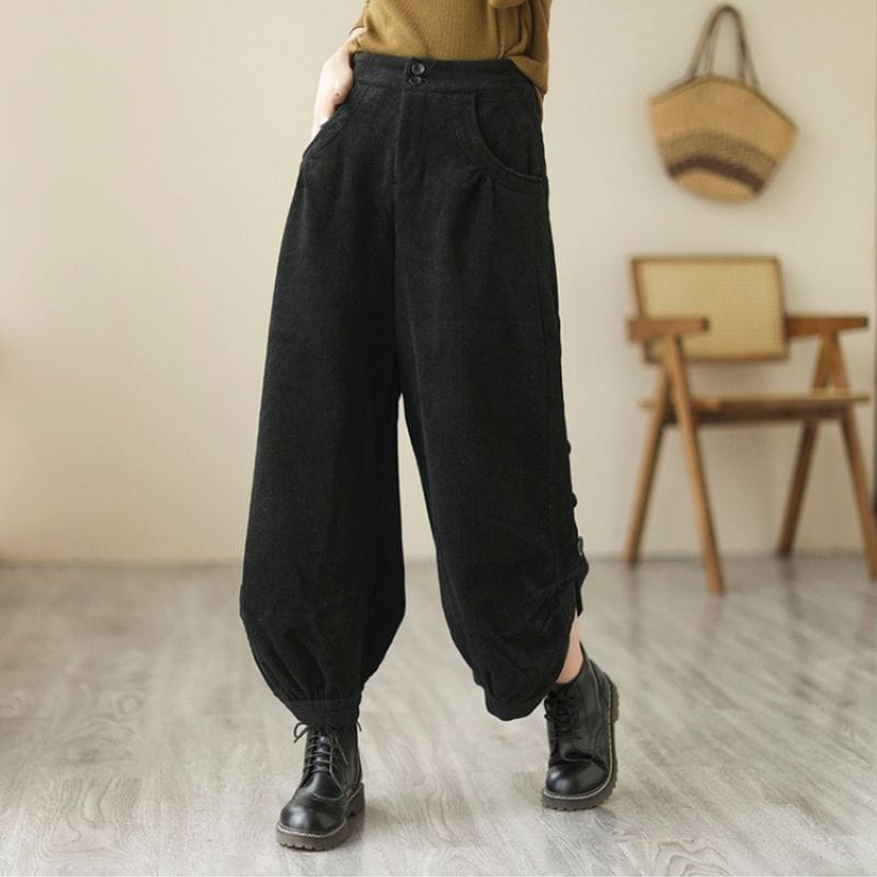 Pantalon Noir Velour Cotelé Femme