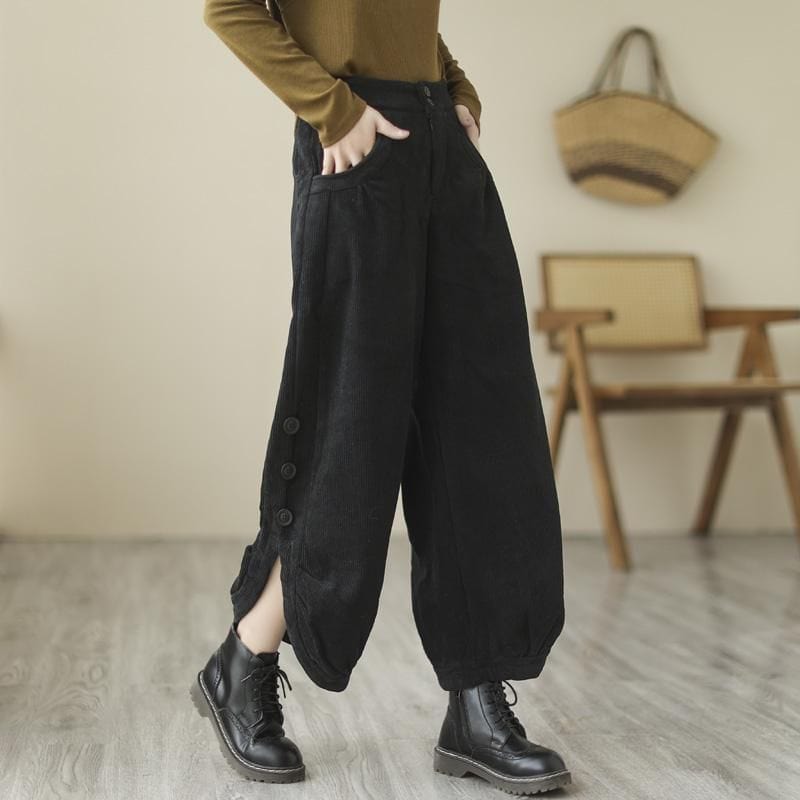Pantalon Noir Velour Cotelé Femme