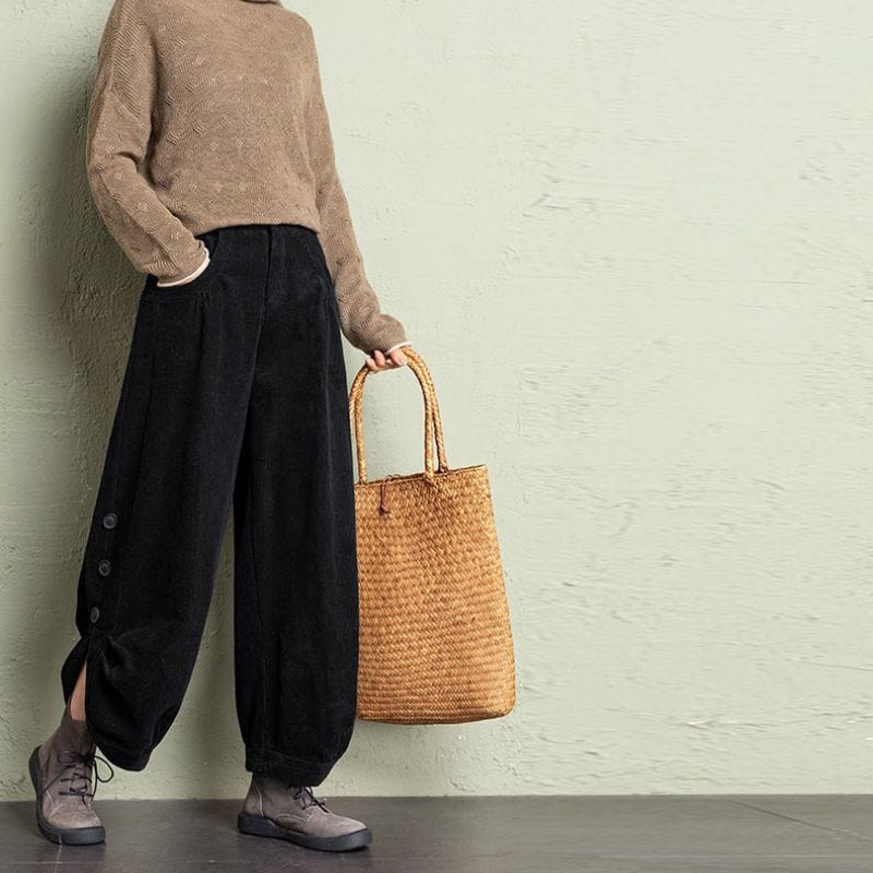 Pantalon Noir Velour Cotelé Femme