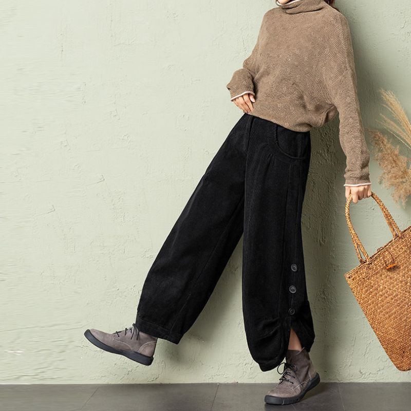 Pantalon Noir Velour Cotelé Femme