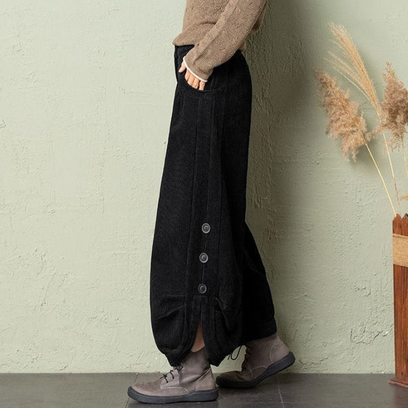 Pantalon Noir Velour Cotelé Femme