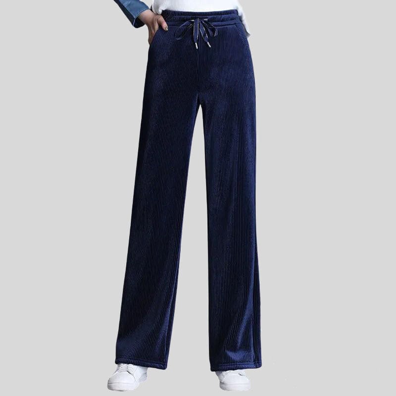 Pantalon Velours Cotelé Bleu Marine Femme