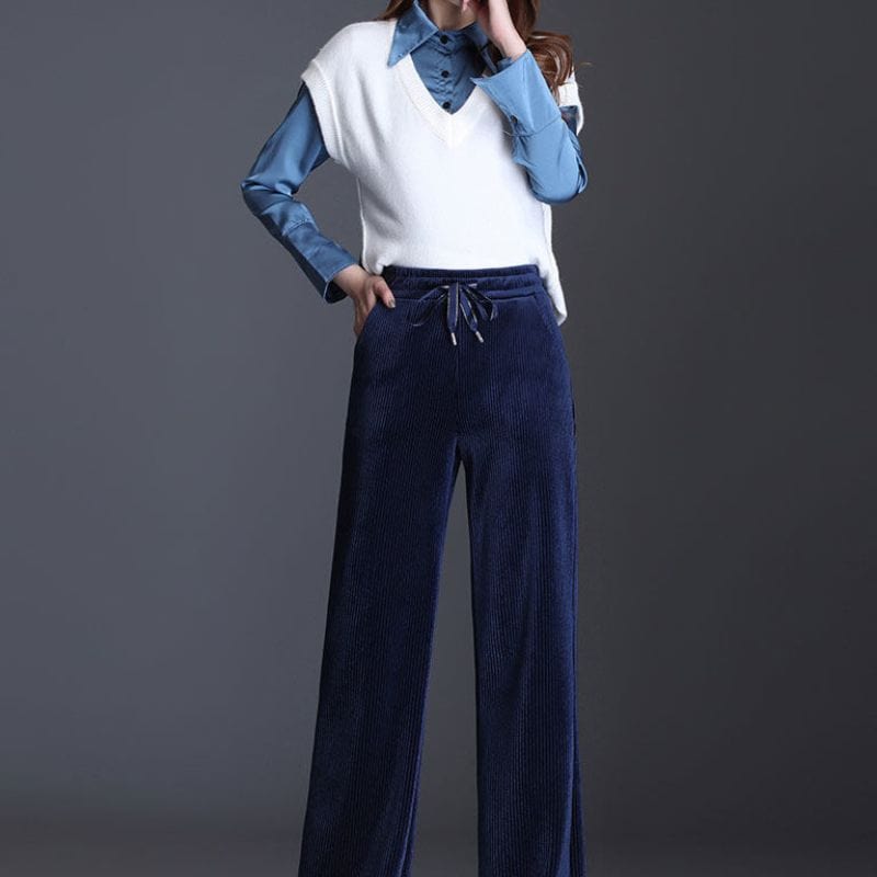 Pantalon Velours Cotelé Bleu Marine Femme