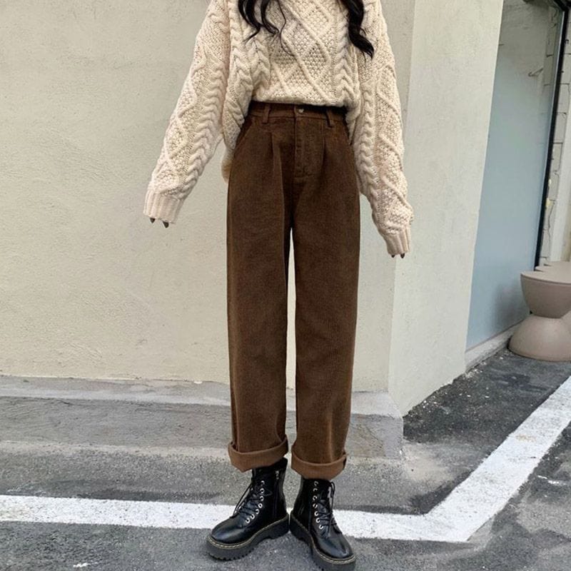 Pantalon Velours Cotelé Marron Femme