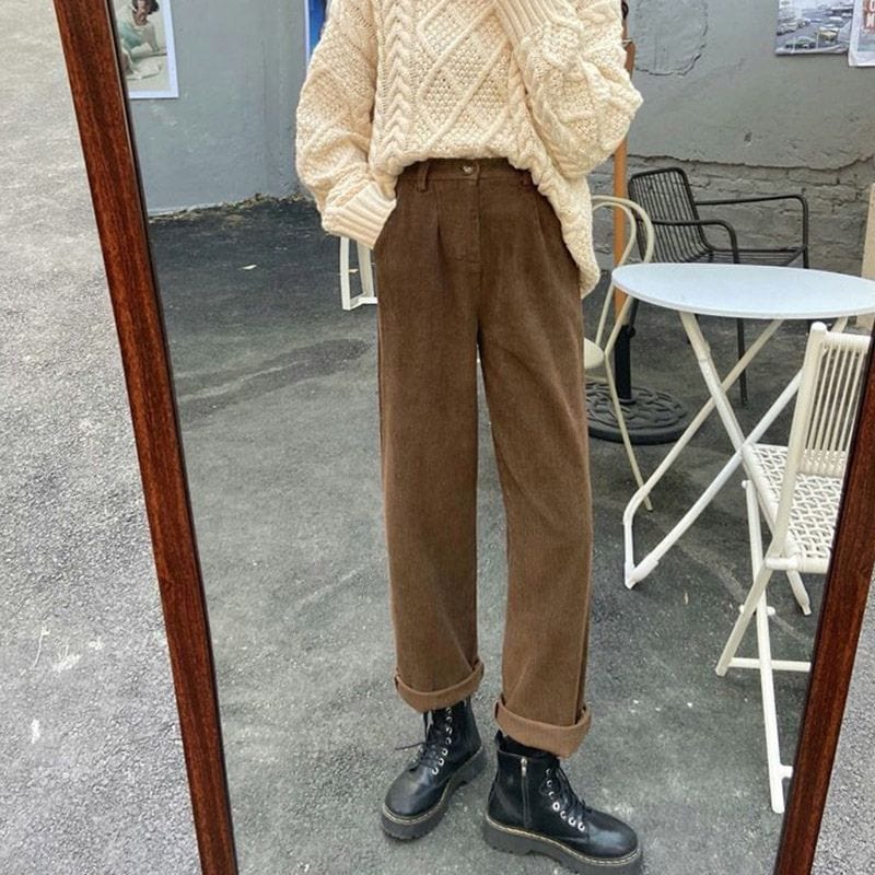 Pantalon Velours Cotelé Marron Femme