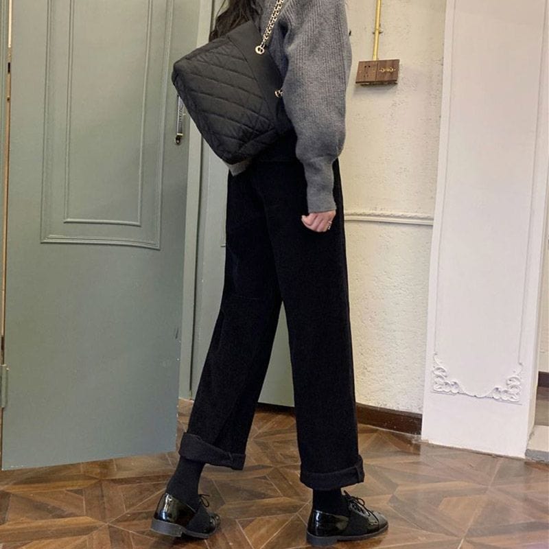 Pantalon Velours Cotelé Noir Femme