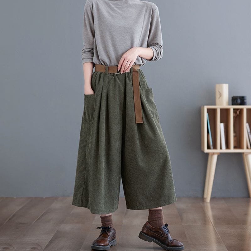 Pantalon Velours Cotelé Vert Femme