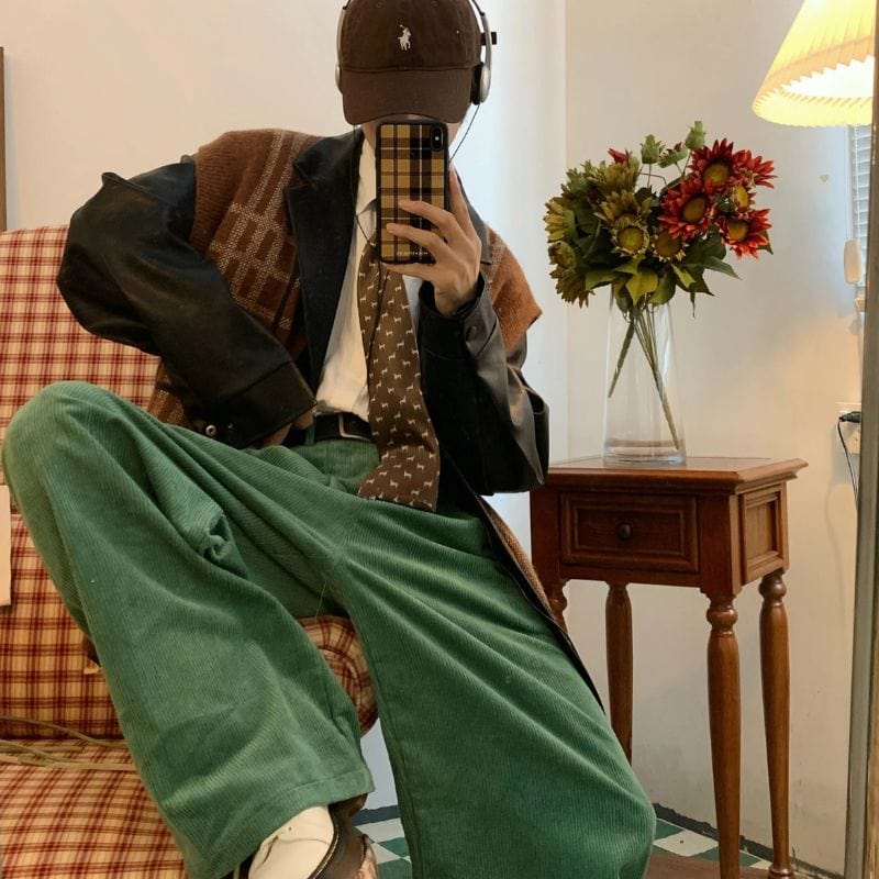 Pantalon Velours Cotelé Vert Homme