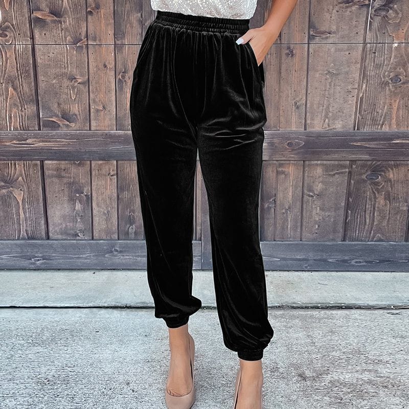 Pantalon Velours Ras Noir Femme
