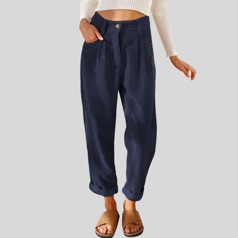 Pantalon en Velours Bleu Marine Femme