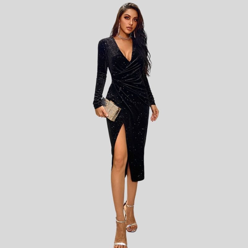 Robe Velour Noir Manche Longue